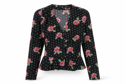 Front view of Missguided women’s black geometric polyester basic blouse, size UK 6, v-neck
