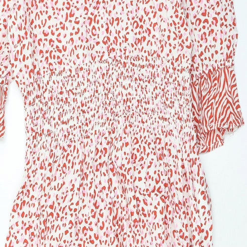 Object Womens Red Animal Print Viscose Trapeze & Swing Size 10 V-Neck Button - Leopard Pattern