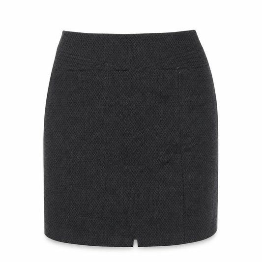 Front view of Next women’s grey geometric polyester a-line skirt, size UK 38, in zip