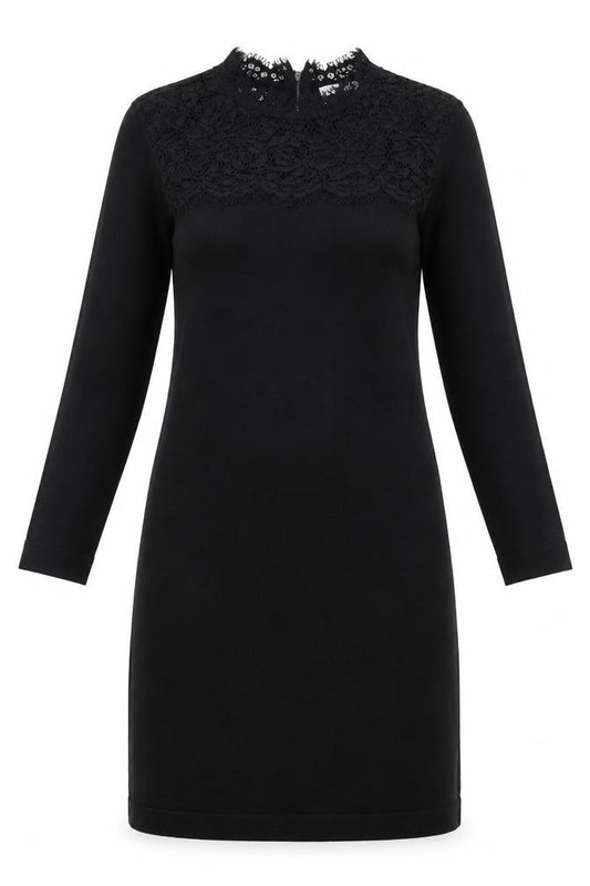 Front view of Monsoon women’s black polyester sheath, size S, mock neck zip - lace detail