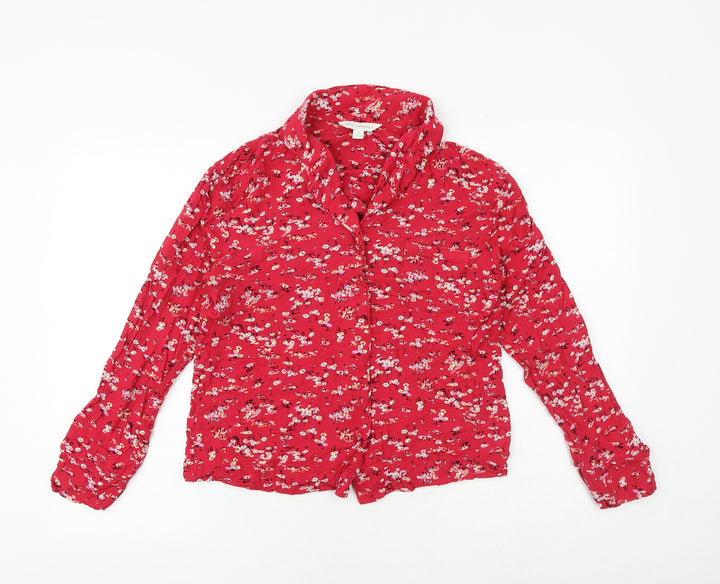 Marks and Spencer Womens Red Floral Viscose Basic Button-Up Size 8 Collared
