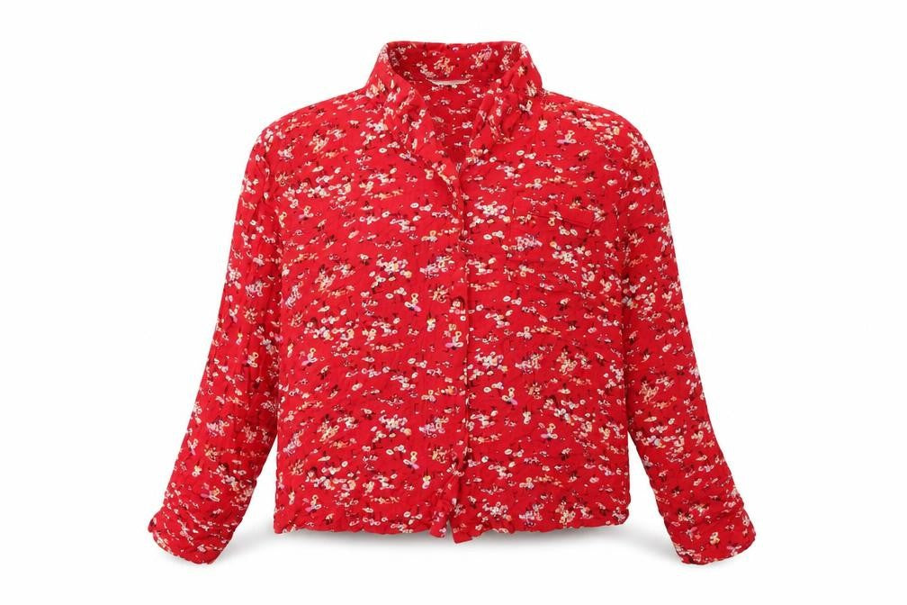Front view of Marks & Spencer women’s red floral viscose basic button-up, size UK 8, collared
