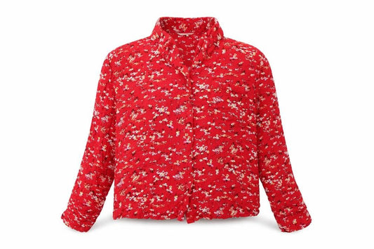 Front view of Marks & Spencer women’s red floral viscose basic button-up, size UK 8, collared