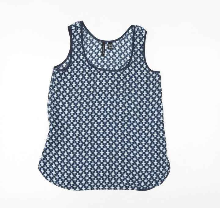 Mango Womens Blue Geometric Polyester Basic Tank Size XS Round Neck