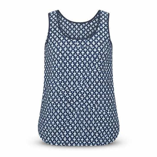 Front view of Mango women’s blue geometric polyester basic tank, size XS, round neck