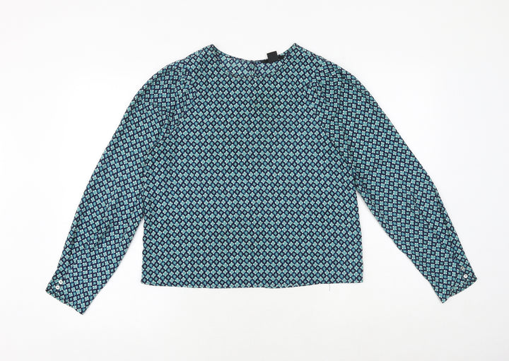 H&M Womens Green Geometric Polyester Basic Blouse Size 8 Round Neck