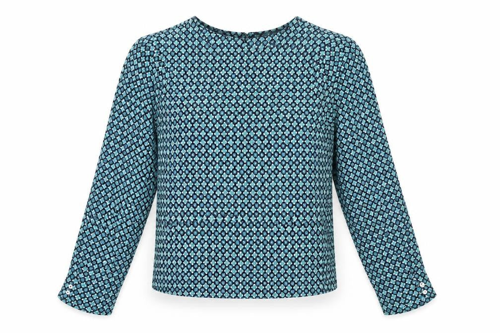 Front view of H&M women’s green geometric polyester basic blouse, size UK 8, round neck