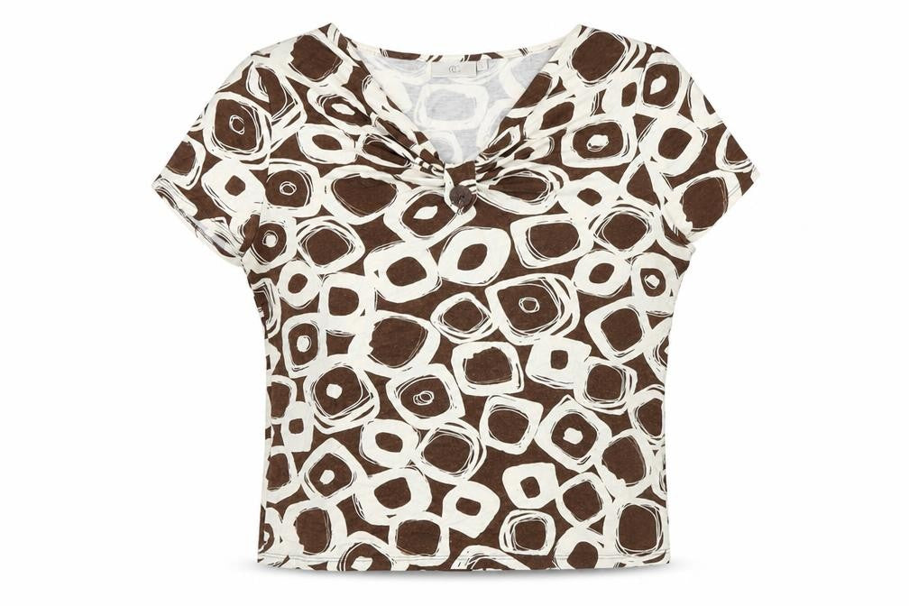 Front view of Country Casuals women’s brown geometric viscose basic t-shirt, size XL, v-neck