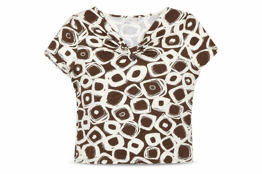 Front view of Country Casuals women’s brown geometric viscose basic t-shirt, size XL, v-neck