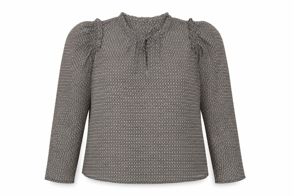 Front view of JOIE women’s brown geometric polyester basic blouse, size XL, round neck