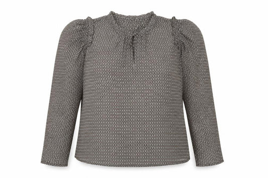 Front view of JOIE women’s brown geometric polyester basic blouse, size XL, round neck