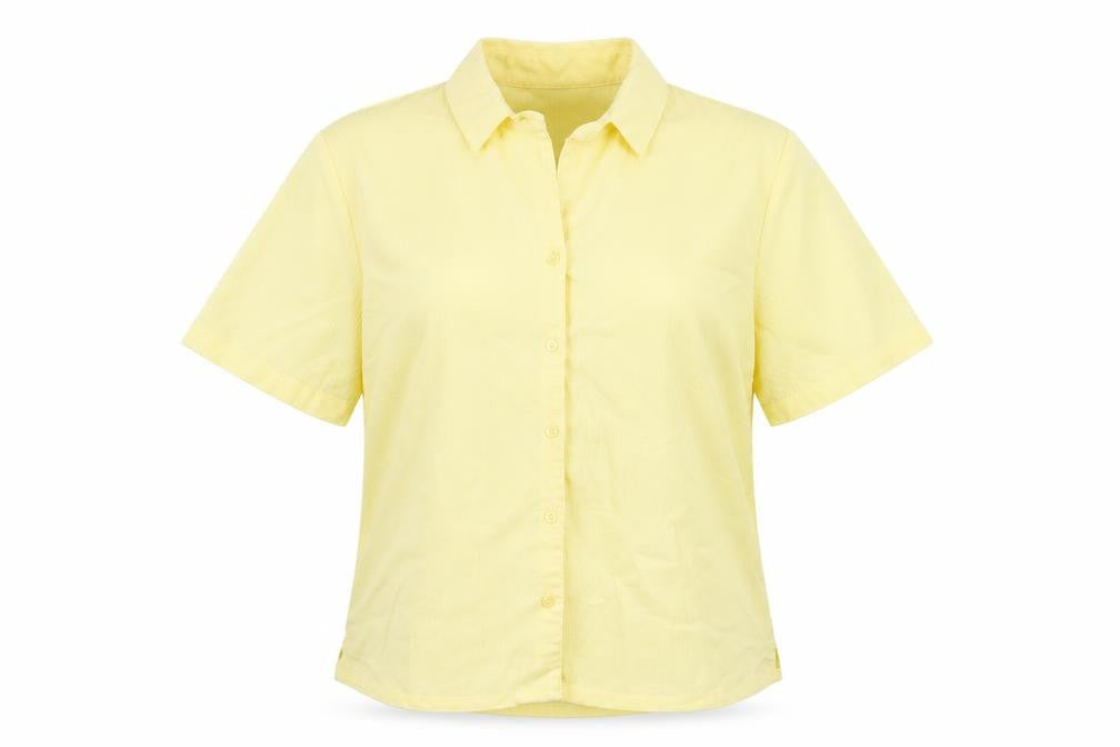 Front view of EWM women’s yellow polyester basic button-up, size UK 14, collared