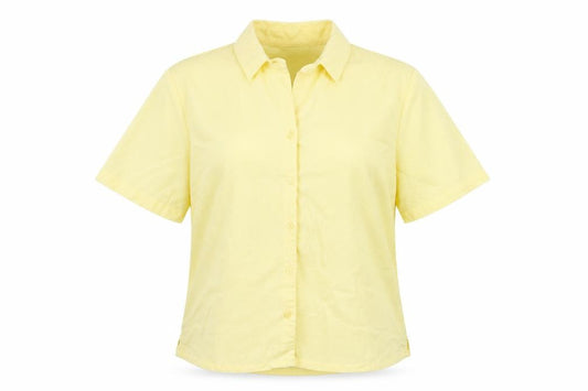 Front view of EWM women’s yellow polyester basic button-up, size UK 14, collared
