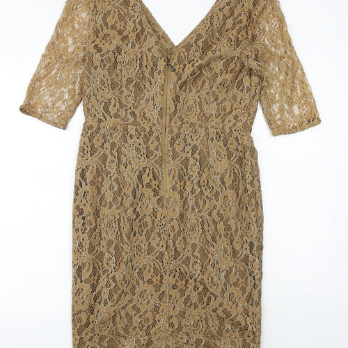 Autograph Womens Brown Geometric Polyester A-Line Size 12 V-Neck Zip