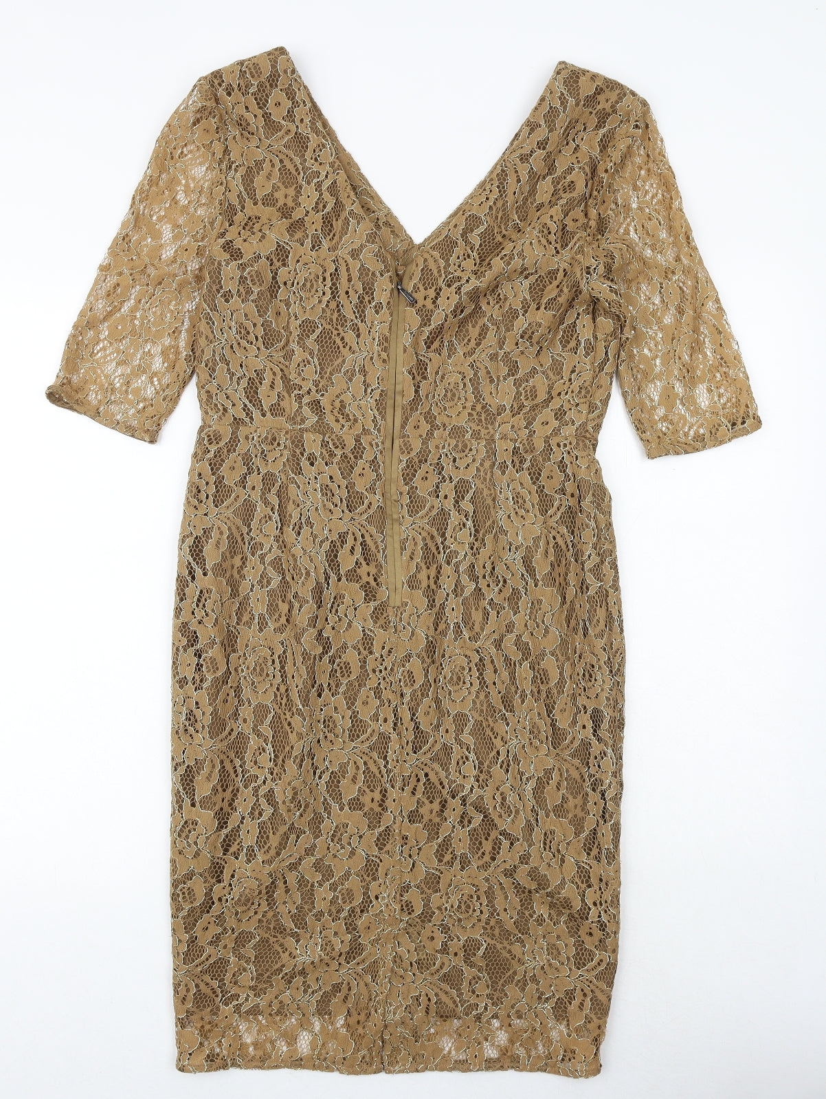 Autograph Womens Brown Geometric Polyester A-Line Size 12 V-Neck Zip