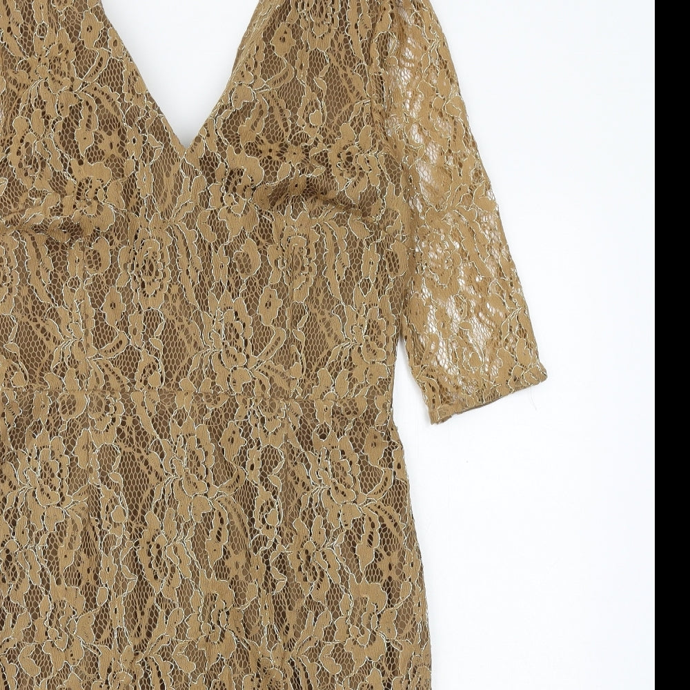 Autograph Womens Brown Geometric Polyester A-Line Size 12 V-Neck Zip