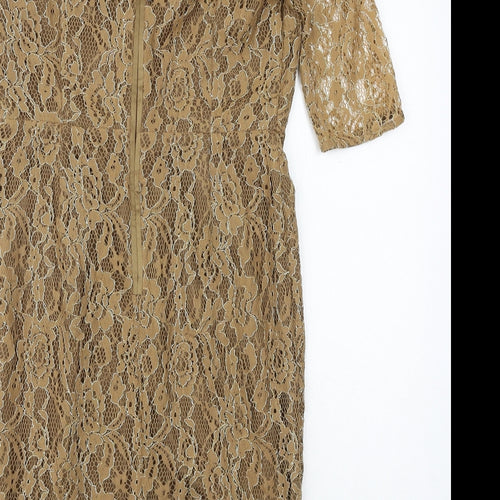 Autograph Womens Brown Geometric Polyester A-Line Size 12 V-Neck Zip
