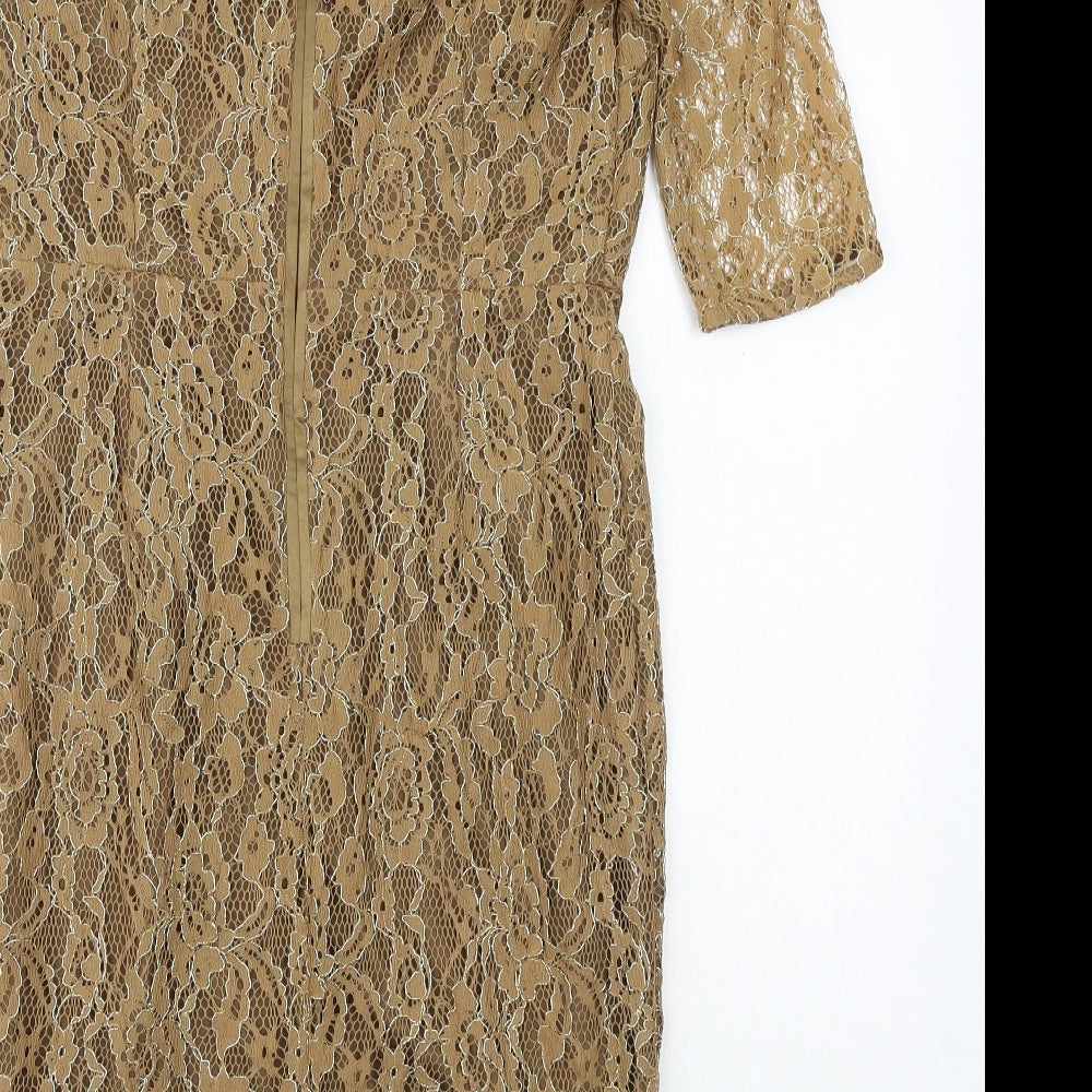 Autograph Womens Brown Geometric Polyester A-Line Size 12 V-Neck Zip