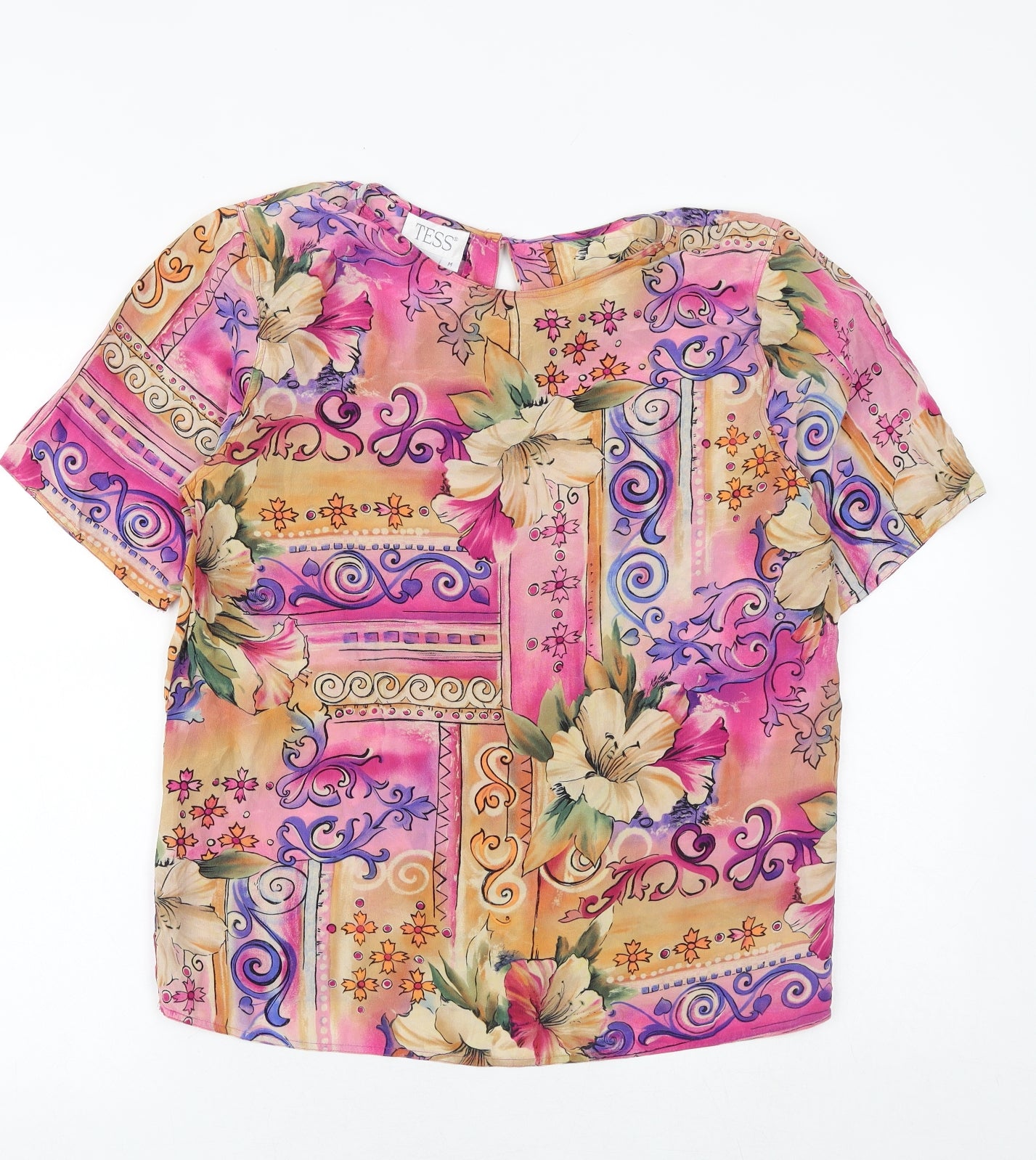 Tess Womens Multicoloured Geometric Silk Basic Blouse Size M Round Neck