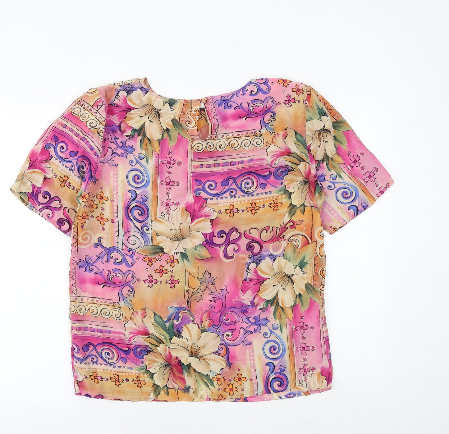 Tess Womens Multicoloured Geometric Silk Basic Blouse Size M Round Neck