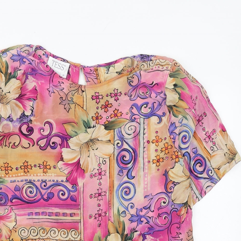 Tess Womens Multicoloured Geometric Silk Basic Blouse Size M Round Neck