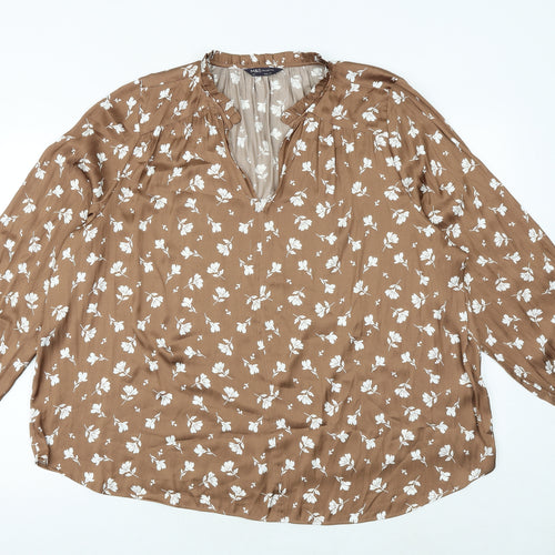 Marks and Spencer Womens Brown Floral Polyester Basic Blouse Size 24 V-Neck