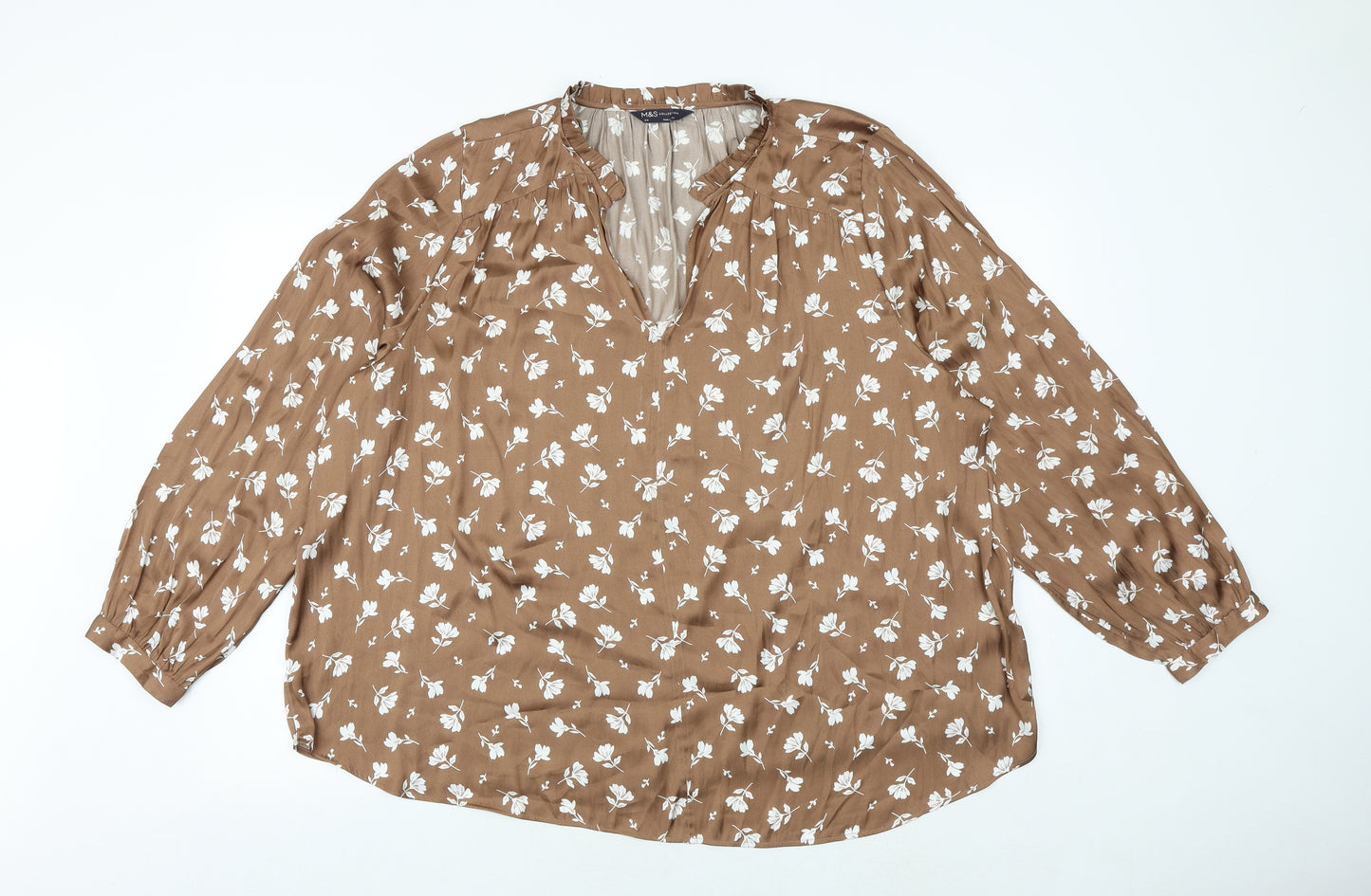Marks and Spencer Womens Brown Floral Polyester Basic Blouse Size 24 V-Neck