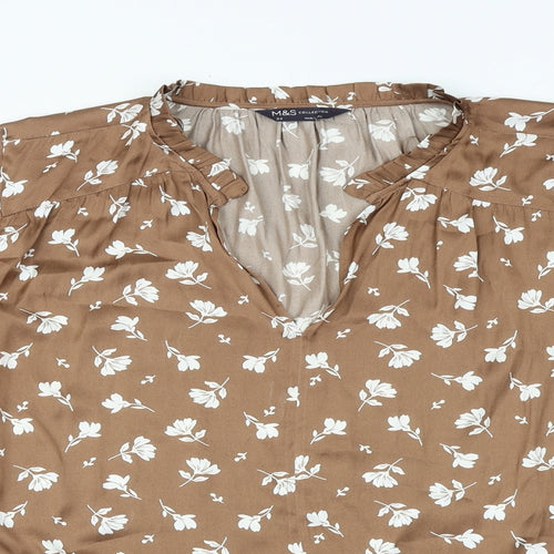 Marks and Spencer Womens Brown Floral Polyester Basic Blouse Size 24 V-Neck
