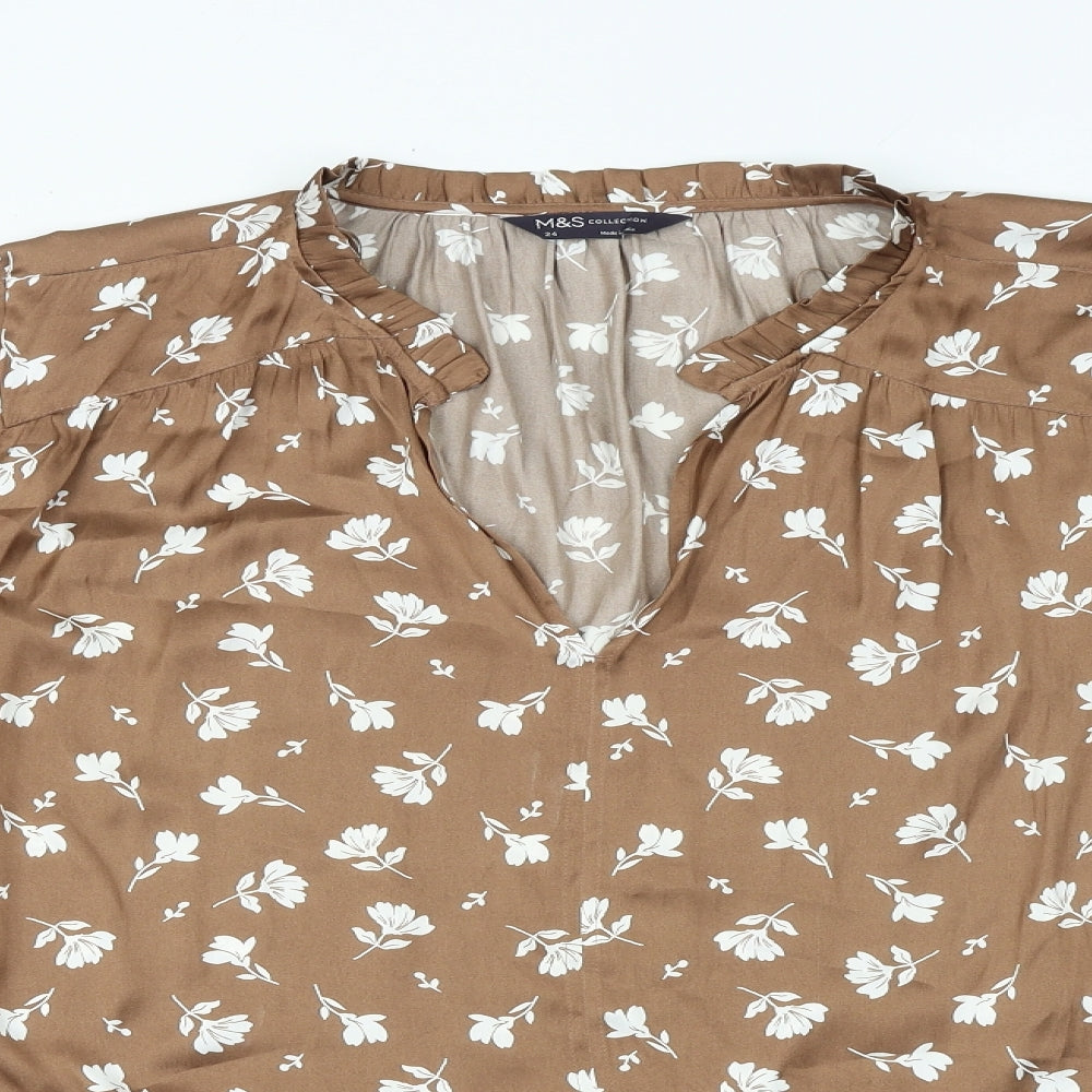 Marks and Spencer Womens Brown Floral Polyester Basic Blouse Size 24 V-Neck