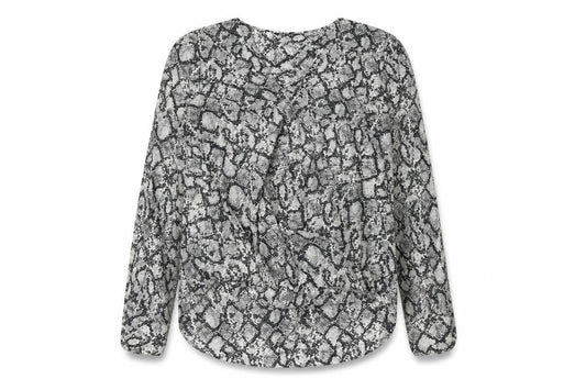 Front view of New Look women’s grey animal print polyester basic blouse, size UK 10, v-neck - snake print