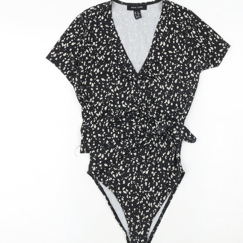 New Look Womens Black Animal Print Polyester Bodysuit One-Piece Size 8 Snap - Tie Front Detail