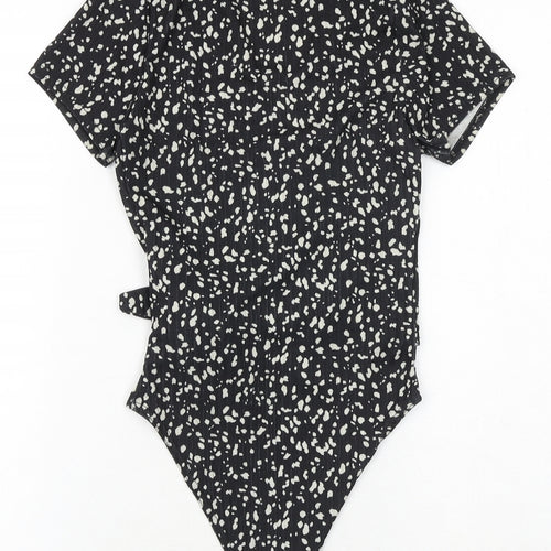 New Look Womens Black Animal Print Polyester Bodysuit One-Piece Size 8 Snap - Tie Front Detail