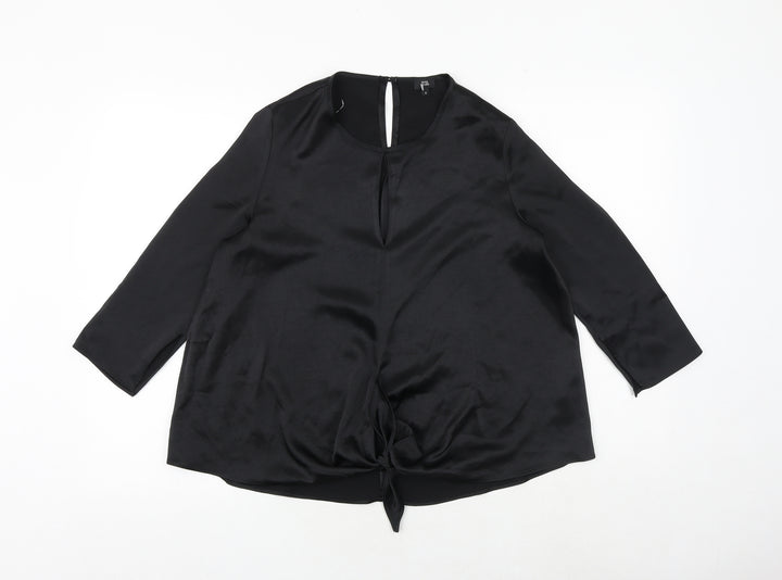 River Island Womens Black Polyester Basic Blouse Size 6 Round Neck - Tie Front Detail