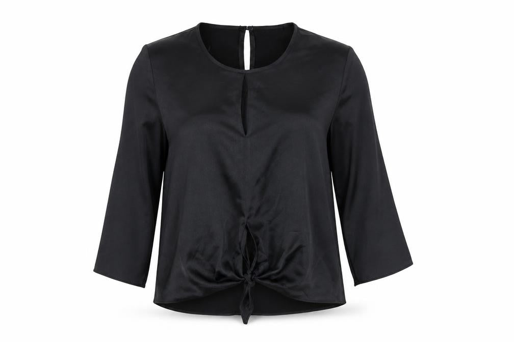 Front view of River Island women’s black polyester basic blouse, size UK 6, round neck - tie front detail
