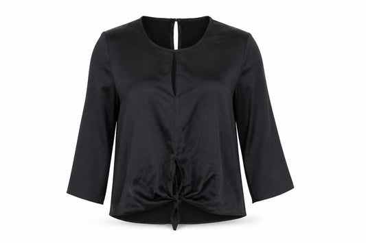 Front view of River Island women’s black polyester basic blouse, size UK 6, round neck - tie front detail
