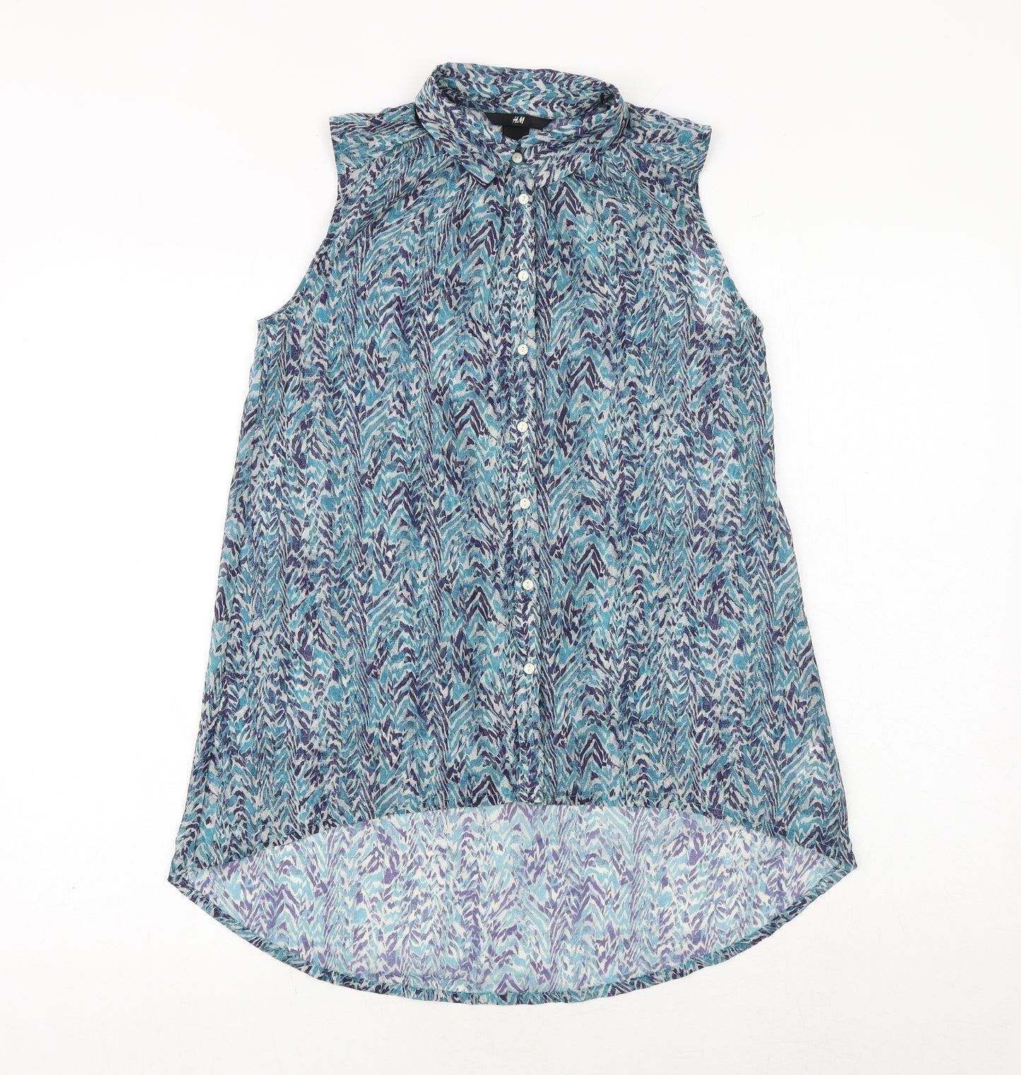 H&M Womens Blue Geometric Polyester Basic Button-Up Size 6 Collared