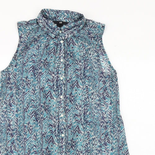H&M Womens Blue Geometric Polyester Basic Button-Up Size 6 Collared