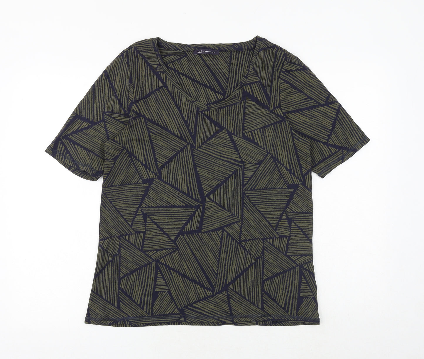 Marks and Spencer Womens Blue Geometric 100% Cotton Basic T-Shirt Size 18 Round Neck