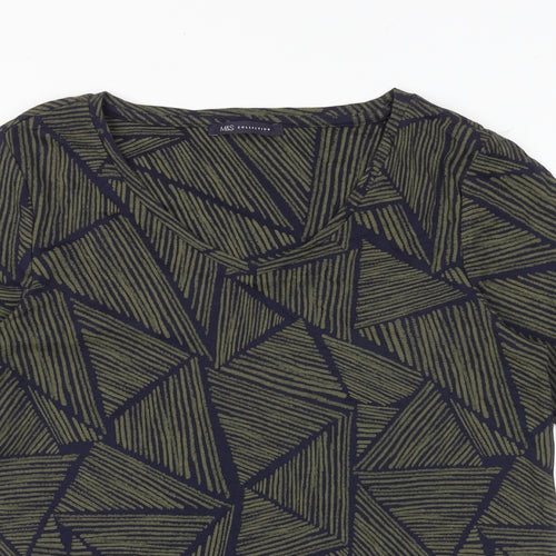 Marks and Spencer Womens Blue Geometric 100% Cotton Basic T-Shirt Size 18 Round Neck