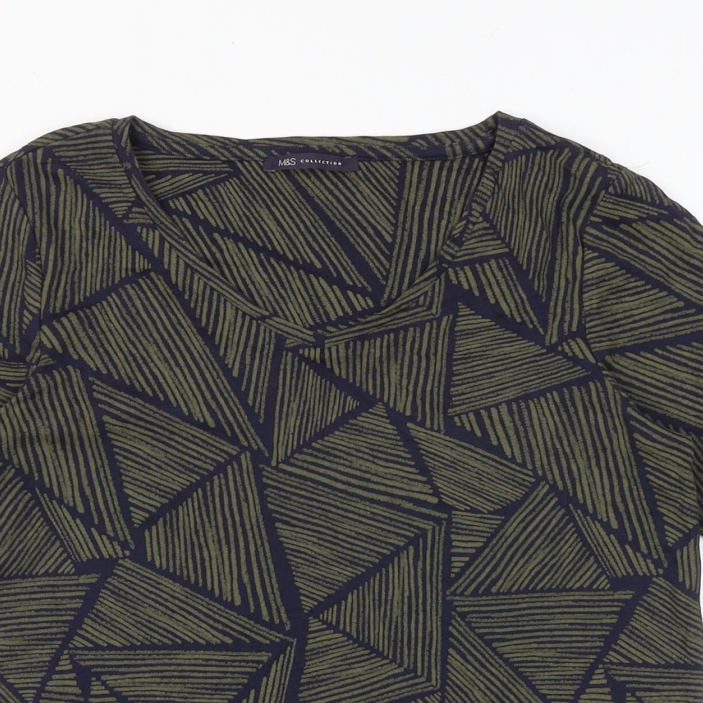 Marks and Spencer Womens Blue Geometric 100% Cotton Basic T-Shirt Size 18 Round Neck
