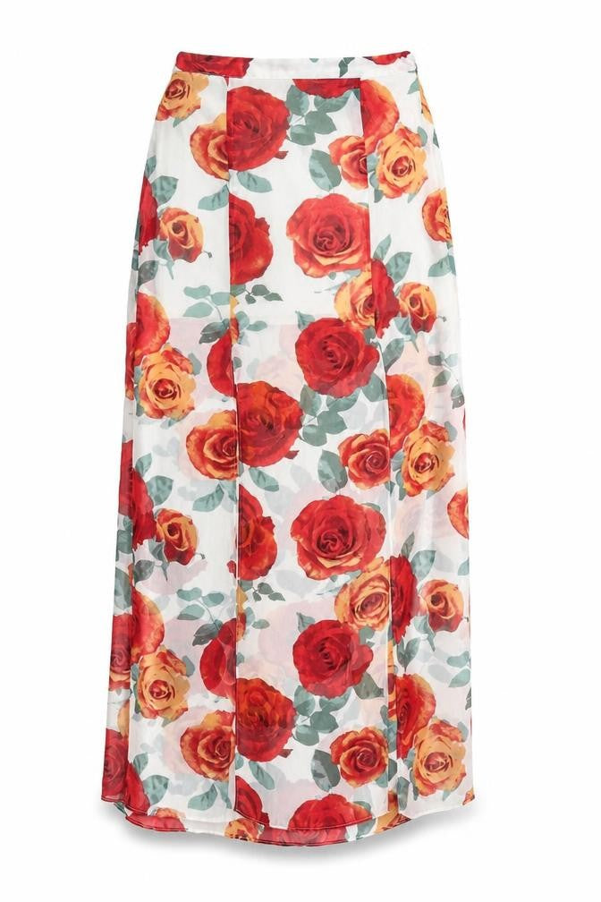 Front view of Forever 21 women’s white floral polyester maxi skirt, size S, zip