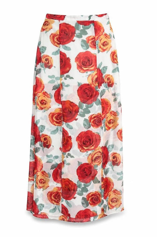 Front view of Forever 21 women’s white floral polyester maxi skirt, size S, zip
