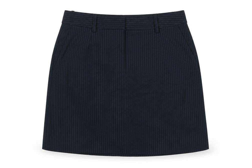 Front view of Marks & Spencer women’s blue striped polyester a-line skirt, size UK 14, zip