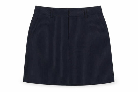 Front view of Marks & Spencer women’s blue striped polyester a-line skirt, size UK 14, zip