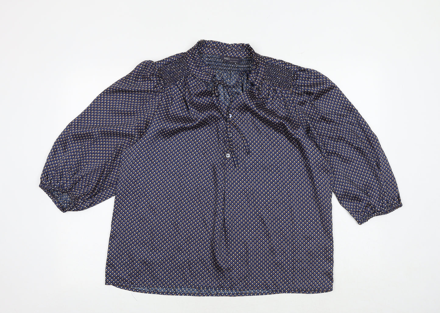 Marks and Spencer Womens Blue Geometric Polyester Basic Blouse Size 14 V-Neck