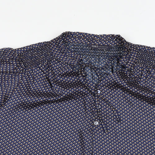 Marks and Spencer Womens Blue Geometric Polyester Basic Blouse Size 14 V-Neck