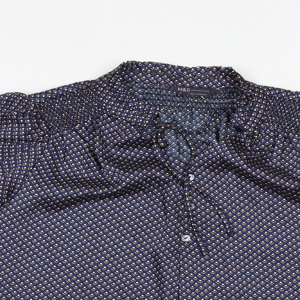 Marks and Spencer Womens Blue Geometric Polyester Basic Blouse Size 14 V-Neck