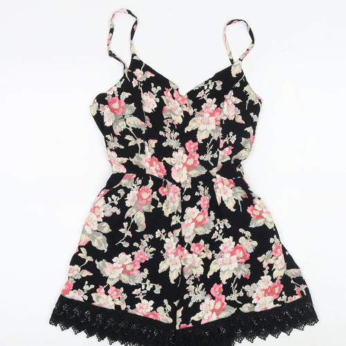Topshop Womens Black Floral Viscose Playsuit One-Piece Size 10 Zip - Crocheted Lace Detail