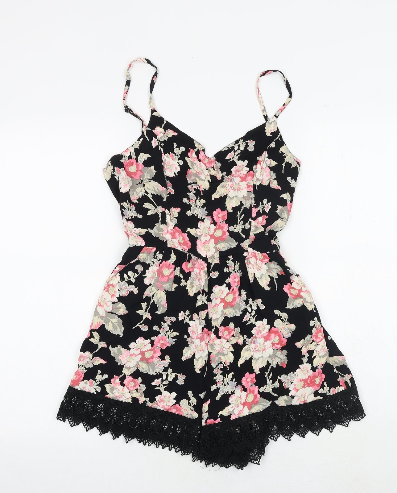 Topshop Womens Black Floral Viscose Playsuit One-Piece Size 10 Zip - Crocheted Lace Detail
