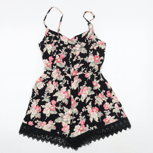 Topshop Womens Black Floral Viscose Playsuit One-Piece Size 10 Zip - Crocheted Lace Detail